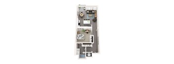 A floor plan of a small apartment with a living room, kitchen, bedroom, and bathroom.