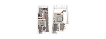 A diagram of a two-story apartment with a kitchen, living room, bedrooms, and bathrooms.