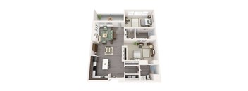 A top-down view of an apartment with a kitchen, living room, bathrooms, and bedrooms.