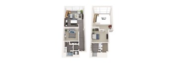 A floor plan of a two-story apartment with a living room, kitchen, bedrooms, and bathrooms.