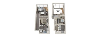 A floor plan of a two-bedroom apartment with a living room, kitchen, and bathrooms