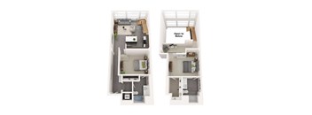 A floor plan of a two-bedroom apartment with a living room, kitchen, and bathrooms.