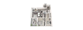 A 3D floor plan of an apartment with a living room, kitchen, bedrooms, bathrooms, and patio.