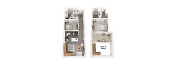 A floor plan of a two-story apartment with a living room, kitchen, bathrooms, and bedrooms.