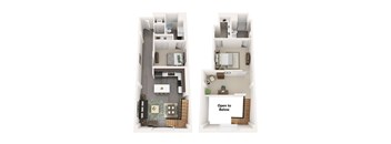 A floor plan of a two-story apartment with a living room, kitchen, bathrooms, and bedrooms.
