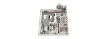 A floor plan of an apartment with a kitchen, living room, dining room, bedrooms, and bathrooms.