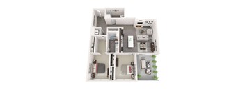 A floor plan of an apartment with a kitchen, living room, bathrooms, and bedrooms.