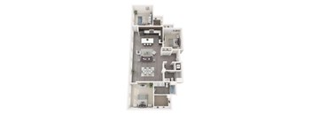A floor plan of an apartment with a kitchen, living room, dining area, bedrooms, and bathrooms.