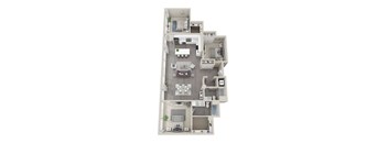 A floor plan of an apartment with a living room, kitchen, dining room, three bedrooms, and two bathrooms.