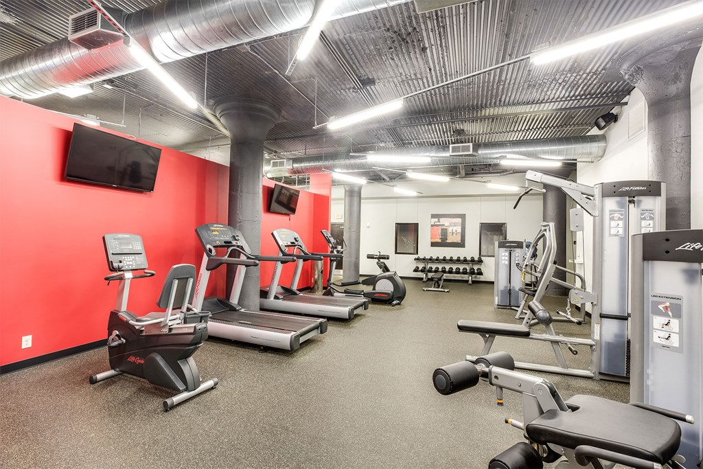 A gym with a variety of equipment including treadmills, elliptical machines, and weight machines.