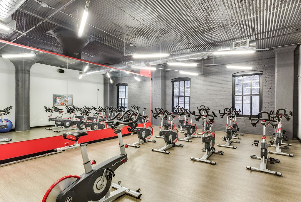 A gym with a row of stationary bikes.