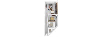 A white room with a bunk bed and a desk.