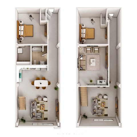 A floor plan of a two-bedroom apartment with a living room, kitchen, and bathroom.