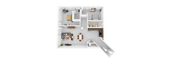 A white and wood floor plan of a small apartment with a kitchen, living room, and bedroom.