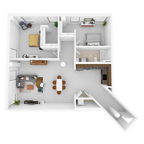 A white and wood floor plan of a small apartment with a kitchen, living room, and bedroom.