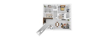 A top down view of a small apartment with a kitchen, living room, and bedroom.
