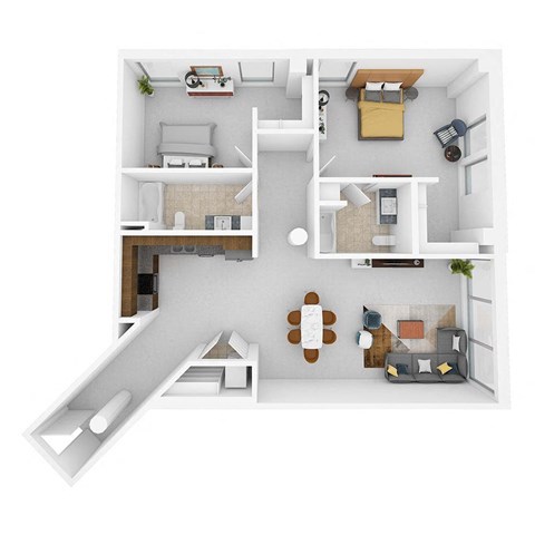 A top down view of a small apartment with a kitchen, living room, and bedroom.