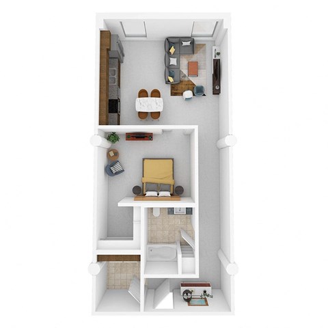 A top-down view of a small, neatly organized apartment with a kitchenette, a dining area, and a living area.