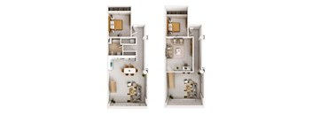Two images of a small apartment layout with a bedroom, living room, and kitchen.
