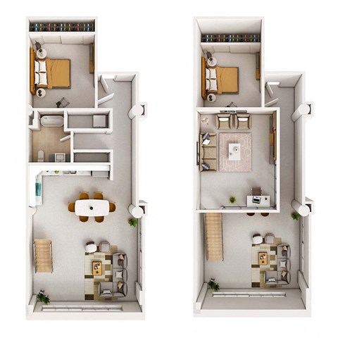 Two images of a small apartment layout with a bedroom, living room, and kitchen.