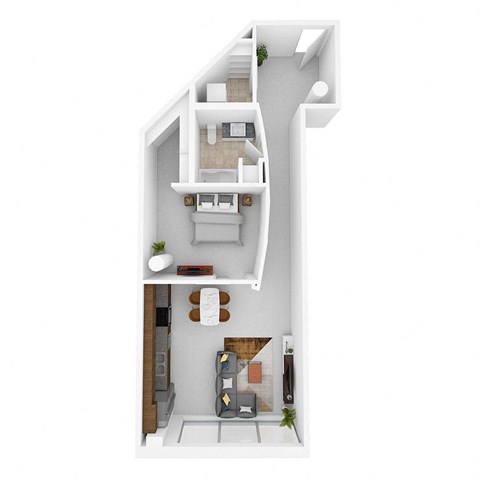 A white and wood apartment with a kitchen, living room, and bathroom.