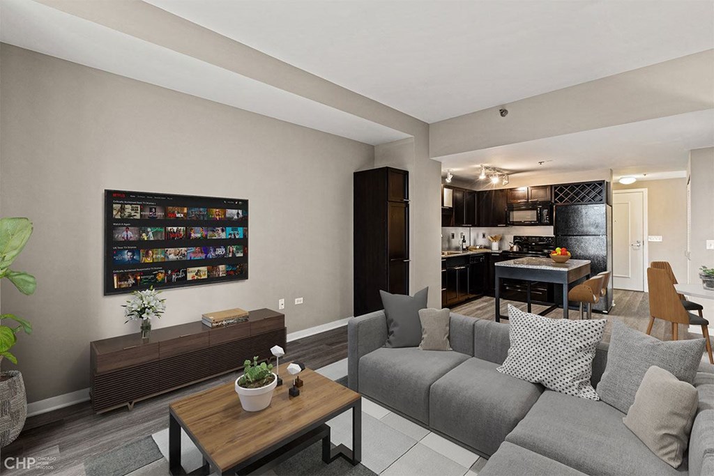 a living room with a couch and a table