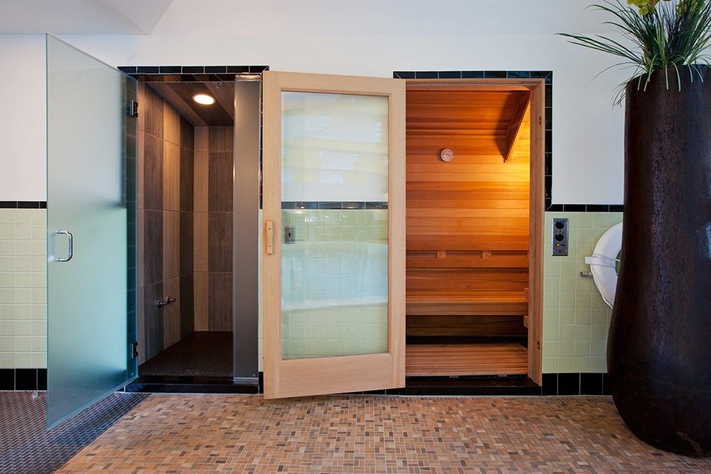 a modern bathroom with a sauna and a toilet