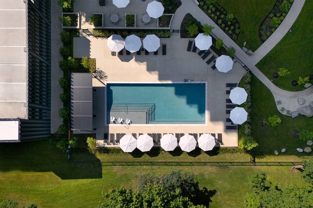 A pool surrounded by white umbrellas and a building.