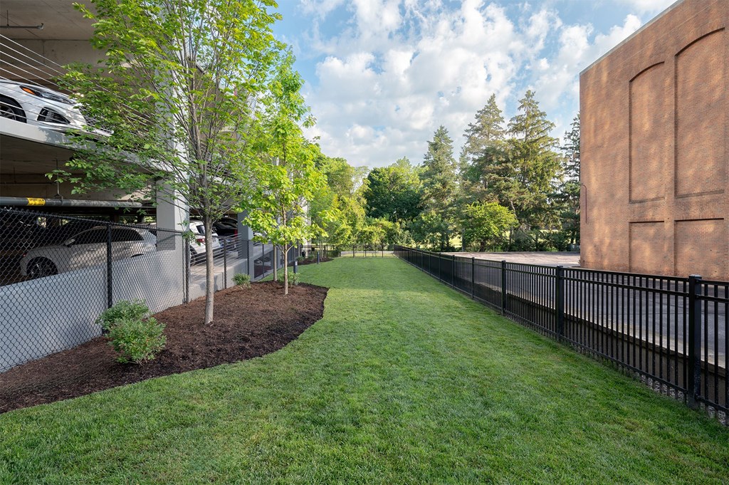 A tree-lined walkway leads from a parking garage to a building.