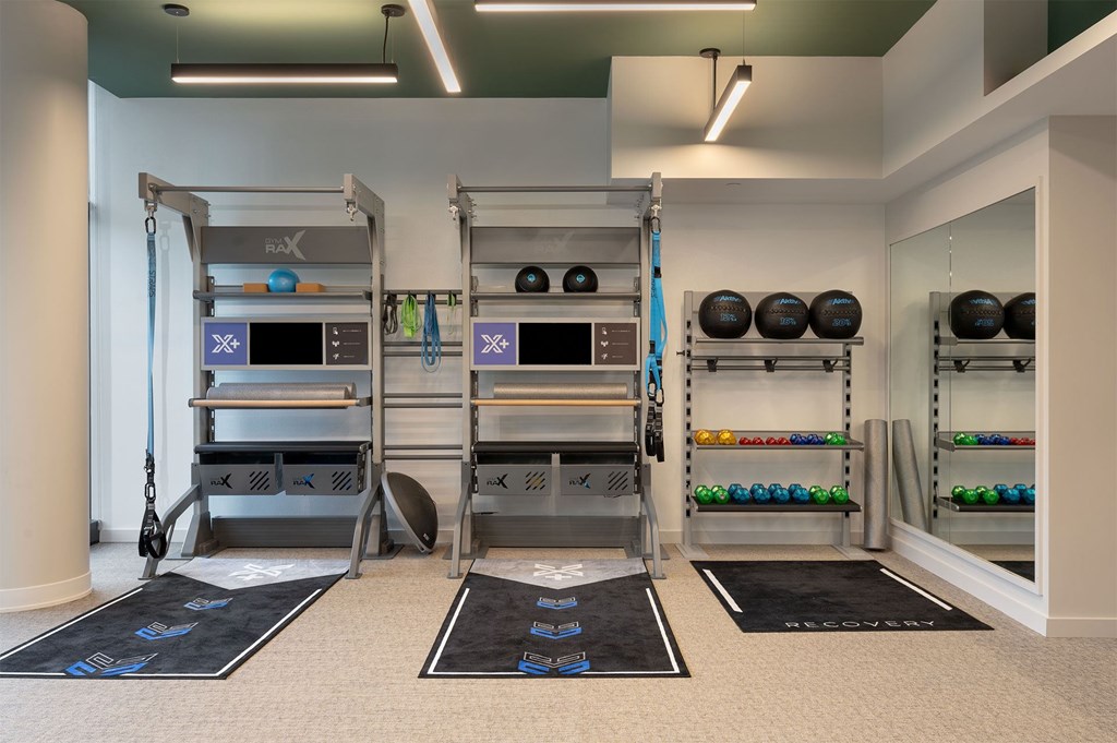 A gym with a weight rack, a bench, and a mirror.
