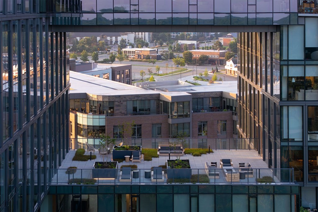 A view of a courtyard from a high-rise building.