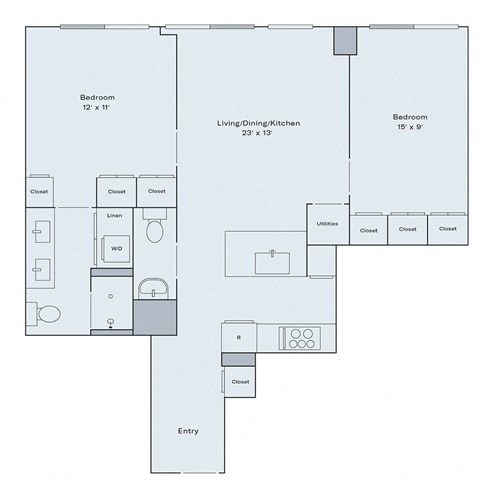 2 bed 1.5 bath apartment floor plan