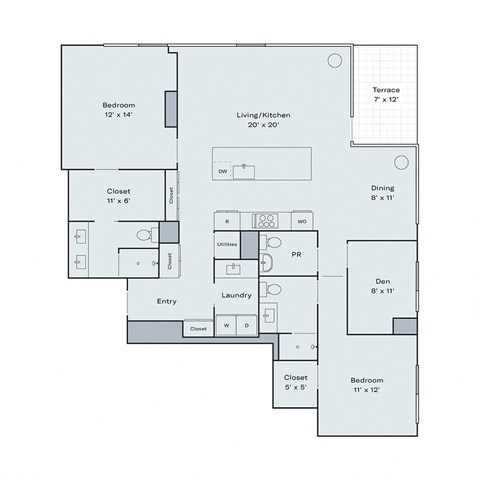 a floor plan of a residence with a bedroom and a living room