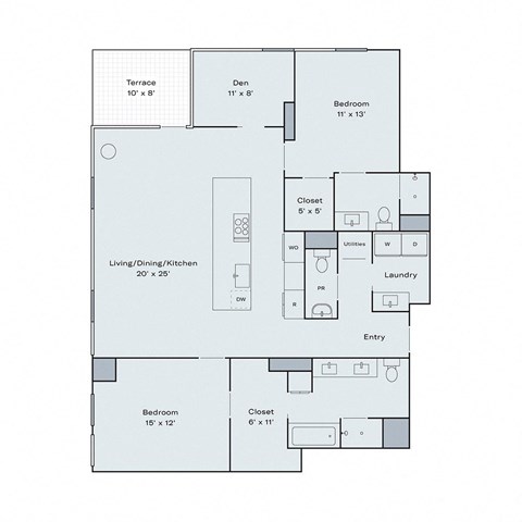 a floor plan of a residence with a bedroom and a living room