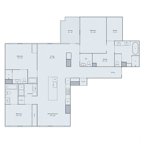 a floor plan of a modern apartment with furniture and blue walls