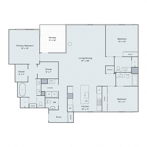 a floor plan of a bedroom floor plan with a transition to a living room