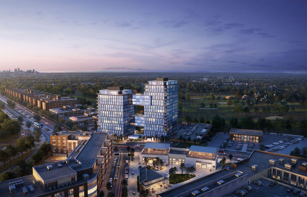 a rendering of two tall buildings in the city