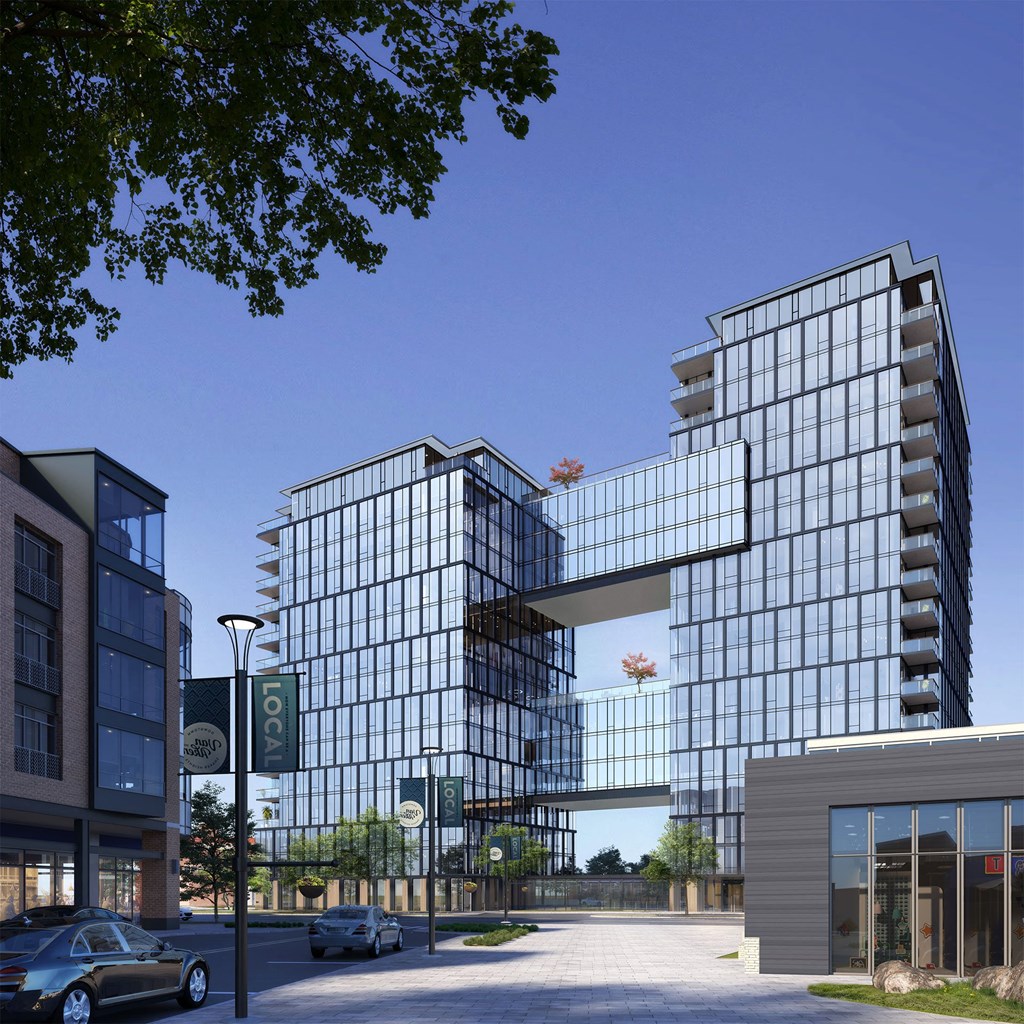 a rendering of two tall buildings with a street in the foreground