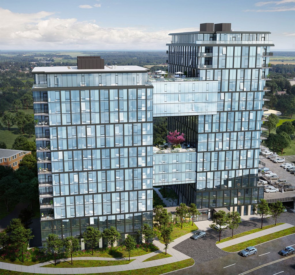 a rendering of two high rise buildings with trees and a city in the background