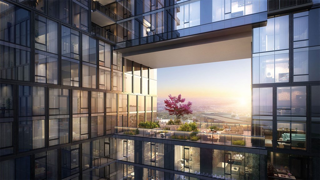 the view from the lobby of a tall building