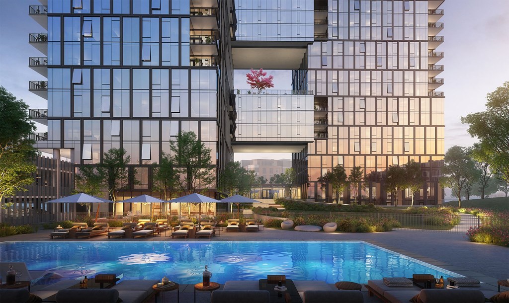 a rendering of a hotel with a swimming pool
