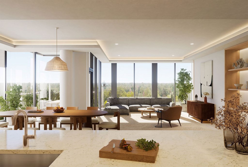 a rendering of a living room and dining room with large windows