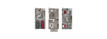 Three different floor plans of an apartment are shown, each with a different layout and number of rooms.
