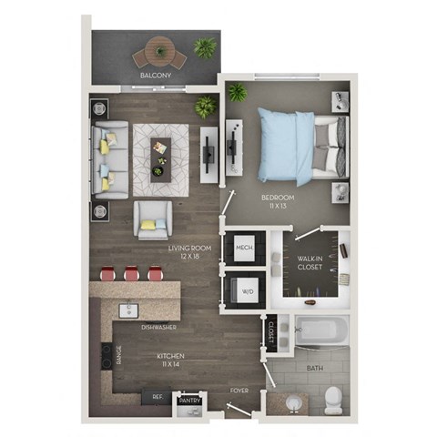 A floor plan of a small apartment with a living room, kitchen, bathroom, and bedroom.
