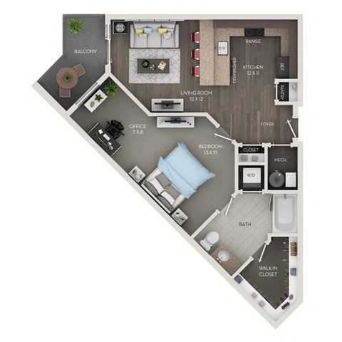 A floor plan of an apartment with a living room, kitchen, office, bedroom, and bathroom.