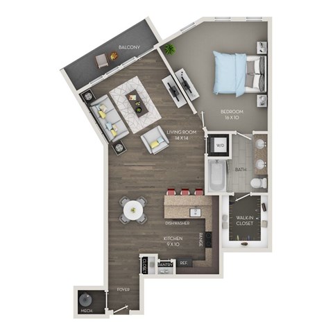 A floor plan of a Balcony apartment with a living room, kitchen, bathroom, and bedroom.