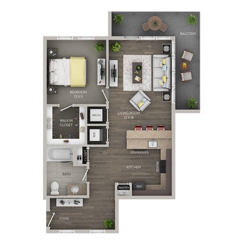 A floor plan of a two-bedroom apartment with a living room, kitchen, bathroom, and balcony.