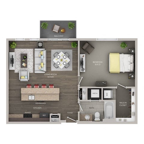 A floor plan of a small apartment with a living room, kitchen, dining area, and bathroom.