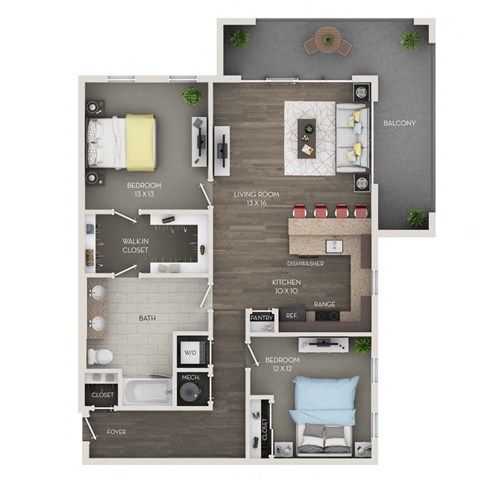 A floor plan of a home showing a living room, dining room, kitchen, and two bedrooms.