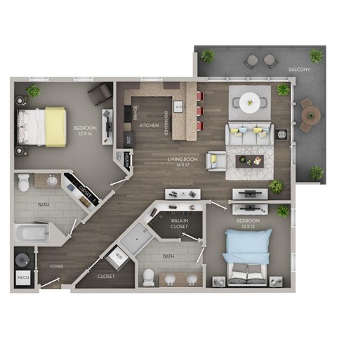 A floor plan of a home with a living room, kitchen, and two bedrooms.